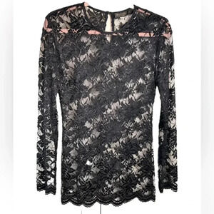 Tamotsu long-sleeve sheer  lace top, Medium. Black Sexy Elegant Classy Feminine